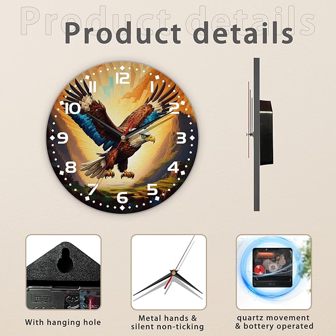 Wall Clock, Abstract Colorful Eagle Flying Wall Clock Silent Non-Ticking Battery Operated Clock 10 Inch, Home Decor for Living Room, Kitchen, Bedroom and Office