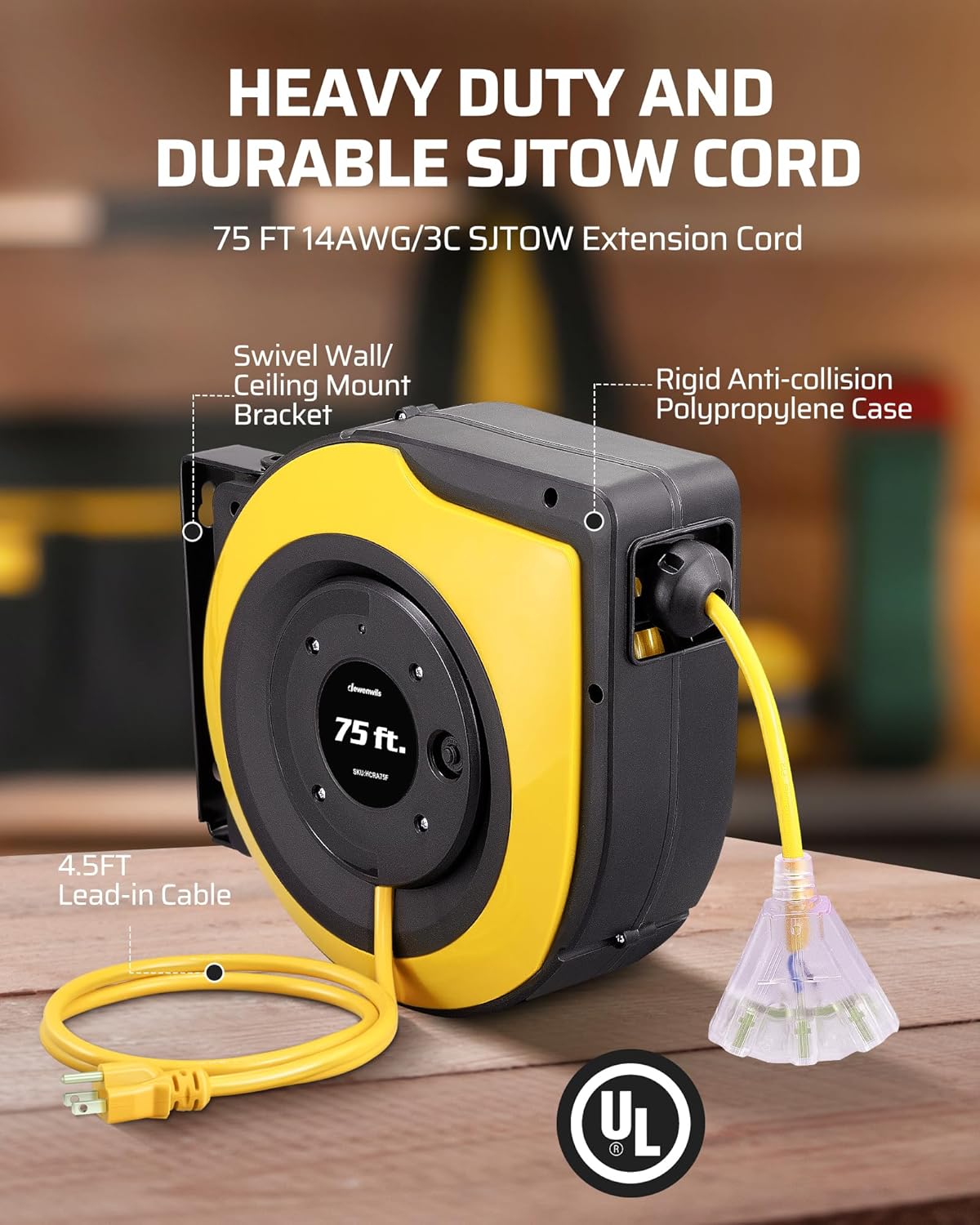 DEWENWILS Retractable Extension Cord Reel, 75 FT Heavy Duty Power Cord, 14/3C SJTOW Retractable Cord Reel, Lighted Triple Outlets, 10A Circuit Breaker, Wall/Ceiling Mount, UL Listed, Yellow
