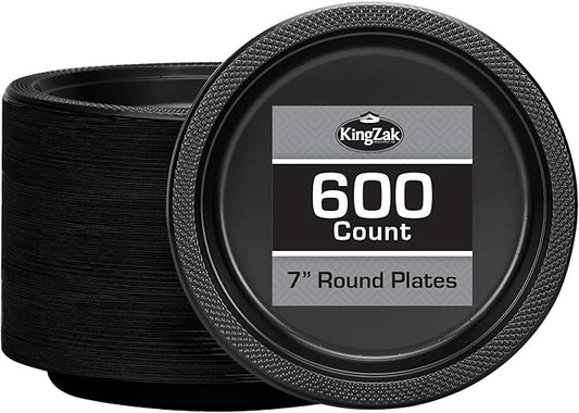 Black Plastic Plates 7 Inch - 600 count Solid Round Party For Weddings, BBQs, Birthday Disposable Dessert (81070 (case))