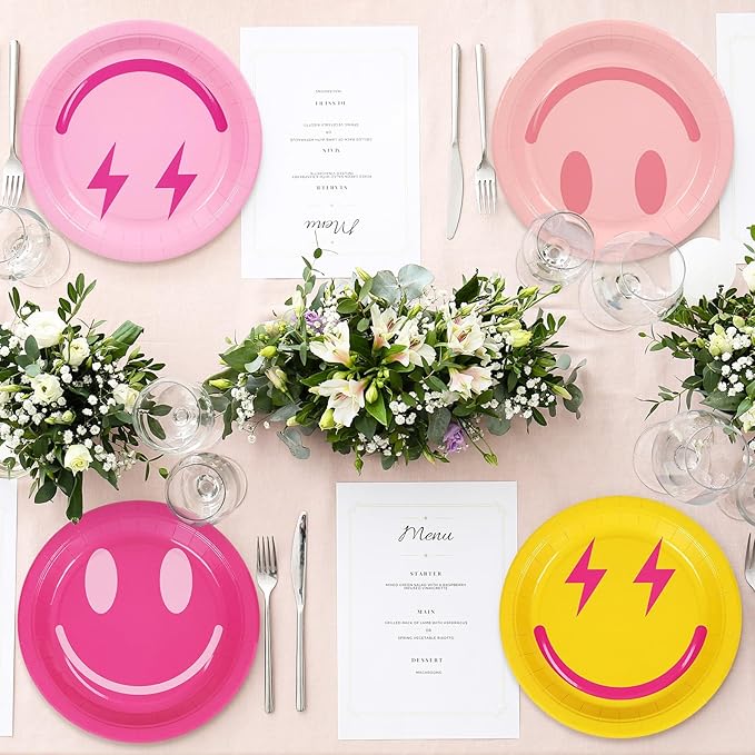 Whaline Preppy Paper Plates Smile Face Disposable Plates 4 Styles Dinner Plates Set 9 Inch Groovy Dessert Plates for Party Supplies Table Decor, 40Pcs