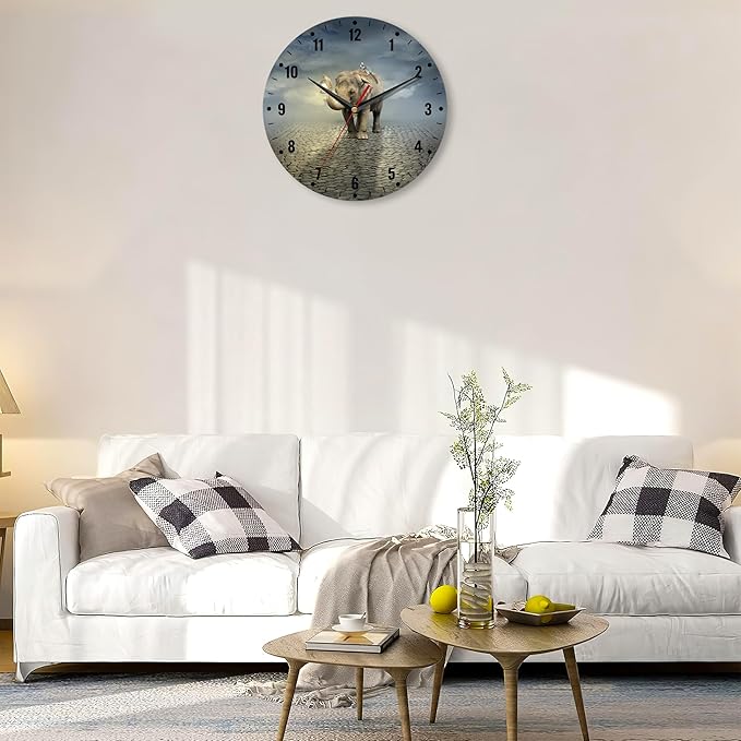 SPUNKER Wall Clock,Elephant Wall Clocks,African Animals Lantern Battery Operated Wall Clock Silent Non-Ticking Decorative for Home Kitchen Bathroom Living Room Bedroom Office 10 Inch