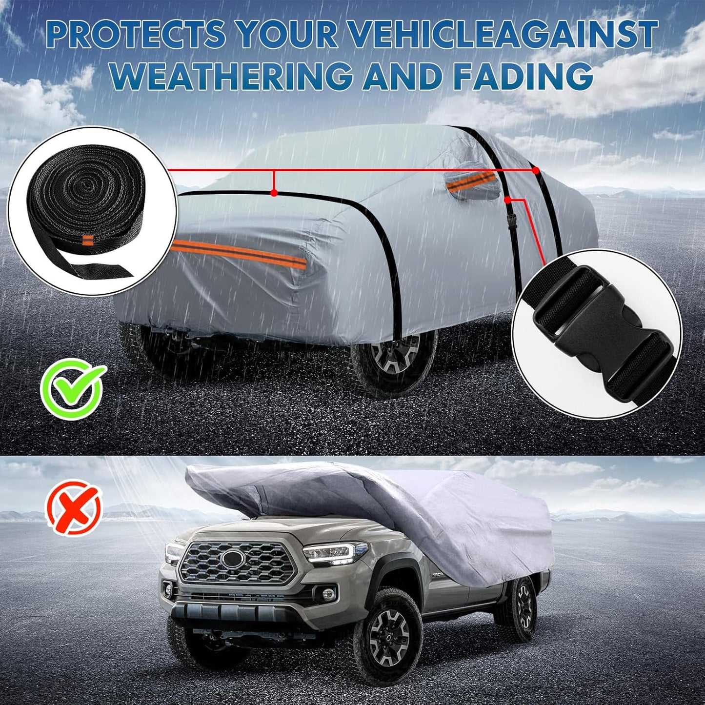 KEYOOG Car Cover, Fit for 213"-237" Length Pickup Truck, 6-Layer All-Weather Waterproof, Universal in All Seasons, Snow Prevention, Rainproof, Acid Rainproof, Sunscreen, Orange Reflective Strip