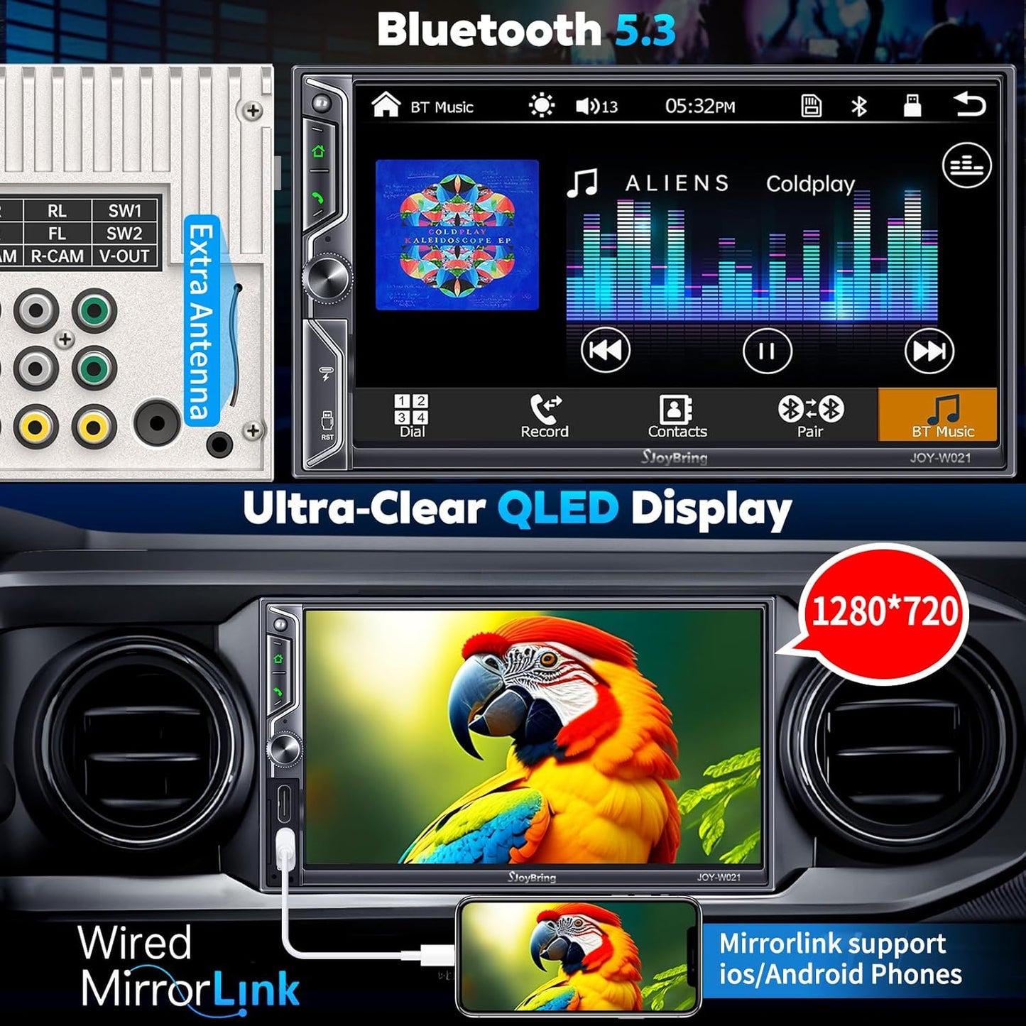 [QLED Screen Upgrade] 7" Double Din Car Stereo with Wireless Apple CarPlay and Android Auto, 240W Powerful Sound, 4.2-Channel Audio Output, Bluetooth, MirrorLink, Backup Camera, AM/FM Car Radio