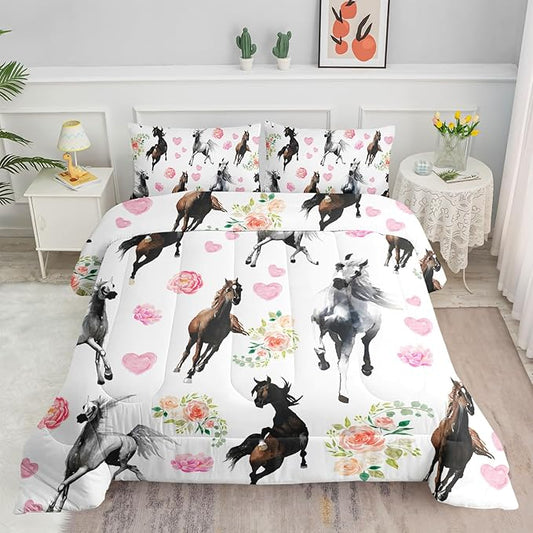 Watercolor Horse Comforter Bedding Set for Boys Girls Kids Teens,Watercolor Painting Horse and Rose Print,Light Color Comforter with 2 Pillowcases(Horse Floral Twin)
