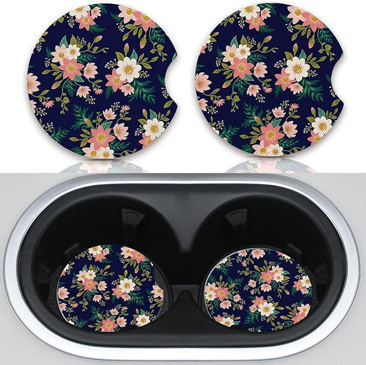 2pcs Flowers Pattern Car Cup Holder Coasters - Hippie Car Accessories, Universal Auto Anti Slip, Rubber Coasters with A Finger Groove