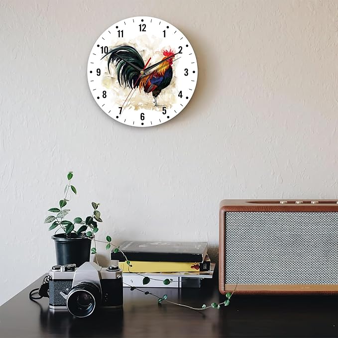 SPUNKER Wall Clock,Rooster Wall Clocks for Living Room Decor,Farm Animal Watercolor Kitchen Clocks Wall Battery Operated - 10 Inch Round Bathroom Wall Clock Silent Non-Ticking