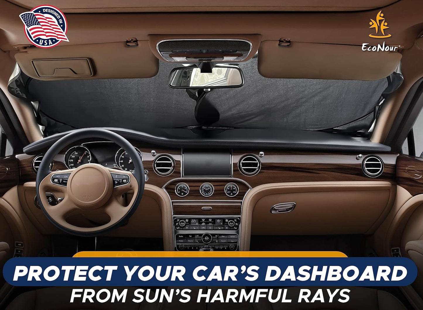 EcoNour Windshield Sun Shade Premium | Sunshade Protects Car Interior | Car Sun Shade Windshield Blocks UV Ray & car Accessories | Universal Fits Small Sedans | Mini SUV & Hatchbacks | Medium (64x32)