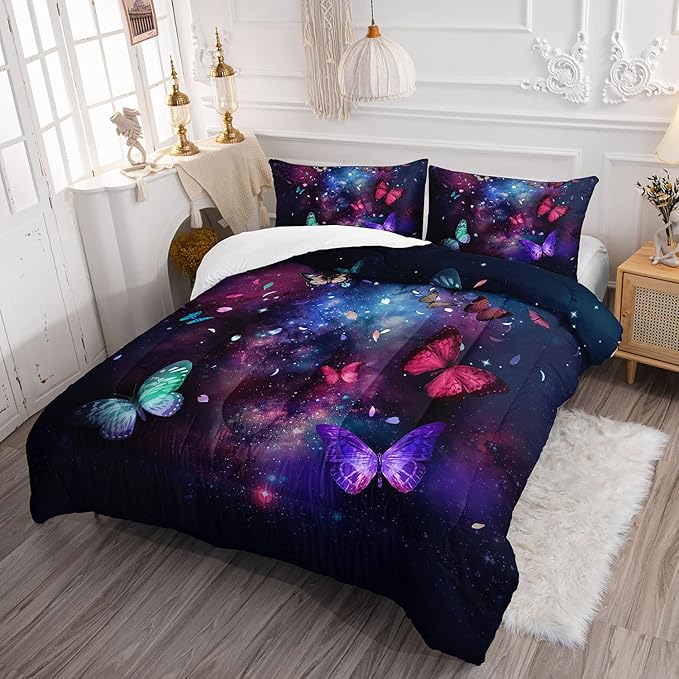 Butterfly Comforter Set for Girls Women,Colorful Butterflies in Space Galaxy Printed Black Bedding Set with 2 Pillowcases(Butterfly Galaxy Full)