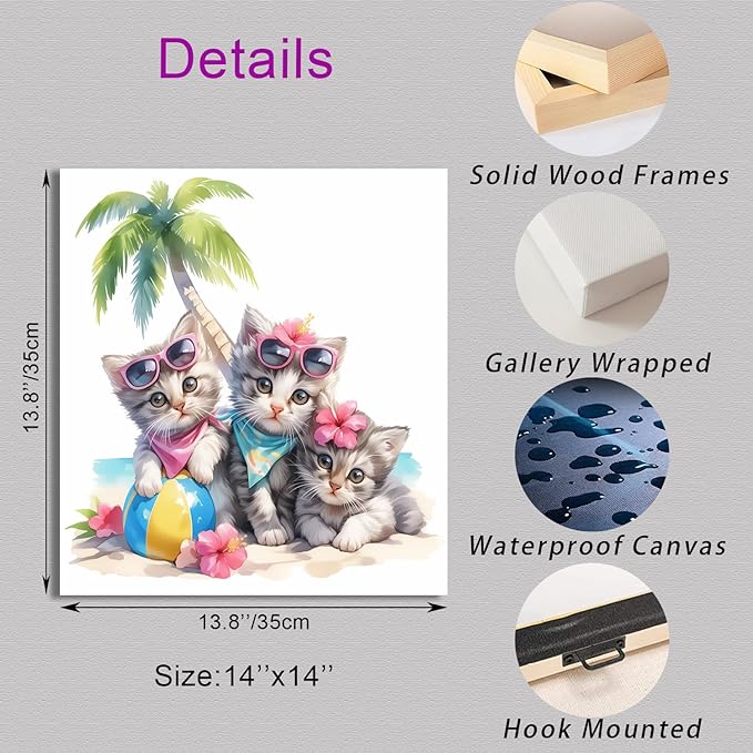 Ypxzzj Cute Kittens in Summer Vacation Canvas Wall Art, Three Kittens Under a Coconut Tree Printing Picture Cute Animal Cats with Glasses for Living Room Bathroom Framed Ready to Hang (14''x14'')