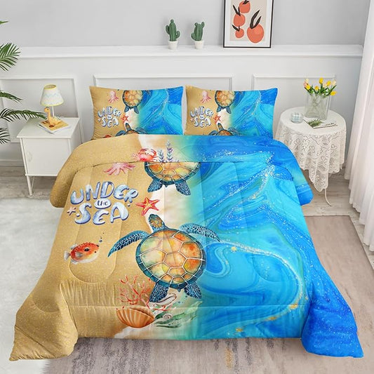 Beach Turtle Comforter Bedding Set for Kids Teens,Watercolor Ocea Starfish Coral Watercolor Beach Themed Comforter with 2 Pillowcases(Beach Turtle Queen)