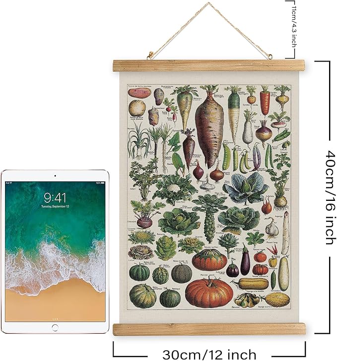 XIAOAIKA Vintage Vegetable Varieties Poster - Illustrated Garden Produce Chart with Wooden Frame - Educational Kitchen Wall Decor Art for Home Chefs and Gardeners 12 x 16 inches