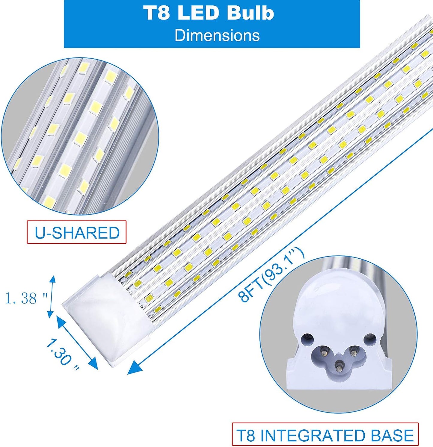 20 Pack, LED Shop Light, 8FT 144W 14500LM 6000K, Cold White, U Shape, Clear Cover, Hight Output, Linkable Shop Lights, T8 LED Tube Lights, LED Shop Lights for Garage 8 Foot with Plug