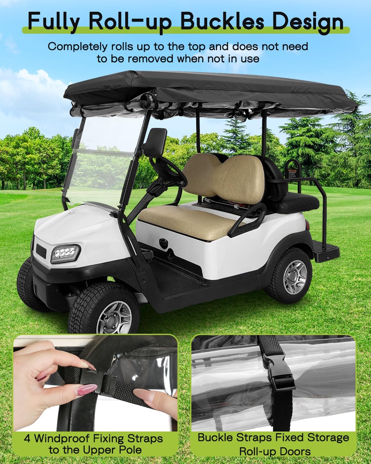 Golf Cart Enclosure 4 Passenger for Club Car Tempo Onward Extended Roof Waterproof Transparent Driving Rain Cover Fit 4-Seater with 4-Sided Clear Windows Mirror Zipper Roll-up Door Black