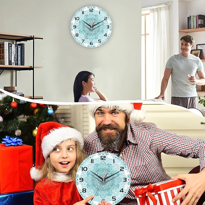 Teal Mandala Flower Wall Clock, Silent Non-Ticking, Battery Operated, Wooden Decorative Round Clock with Arabic Numerals, 10 Inch