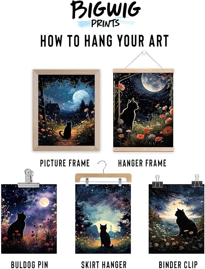BigWig Prints Black Cat Wall Art - Starry Night Cat Posters, Space-Themed Artwork for Bedroom or Living Room, Cute Pet Pictures for Home Decor - Unframed Set of 9 (8x10)