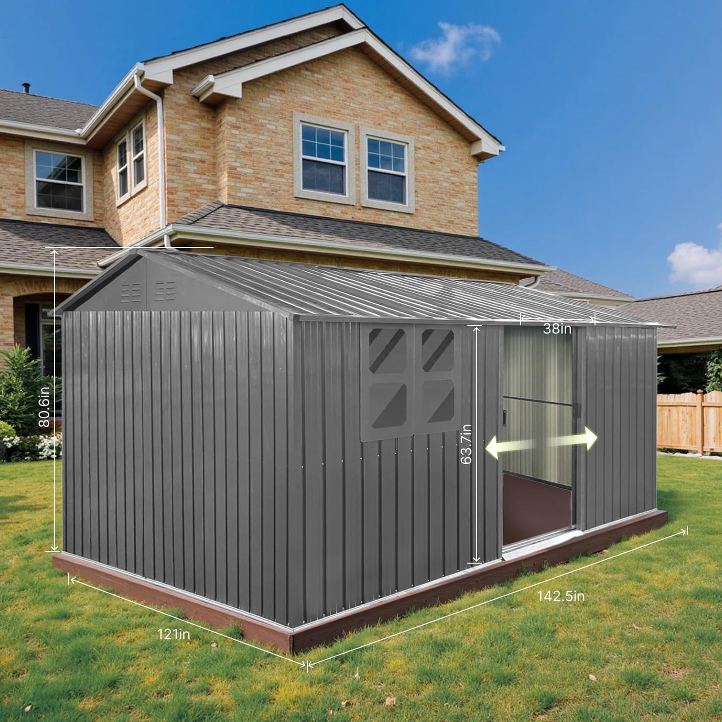 12x10 Ft Storage Shed Outdoor, XL Permanent Steel Building with Window, Sliding Doors and 4 Air Vents for Backyard Garden Patio Lawn - Grey