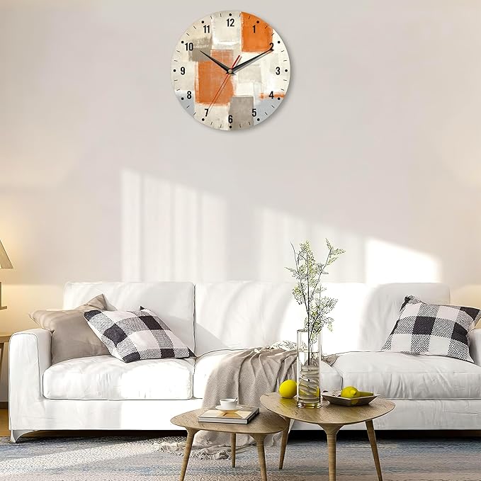 SPUNKER Clocks for Living Room,Orange Modern Art Wall Clock Battery Operated 10 Inch,Abstract Painting Round Clock Silent Non-Ticking Wall Decor for Farmhouse Office Home School Living Room Bedroom