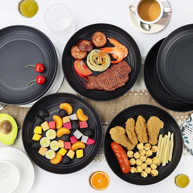 Wheat Straw Dinner Plates - Set of 8, Unbreakable & Microwave/Dishwasher Safe, Black