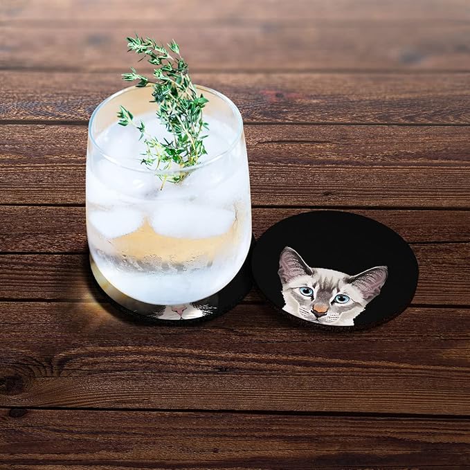 WIRESTER, Lynx Point Lilac Siamese Cat, Black White Tuxedo Cat Design Absorbent ROUND Fabric Felt Neoprene Car Coasters for Drinks (2.87 inches), 2pcs Set