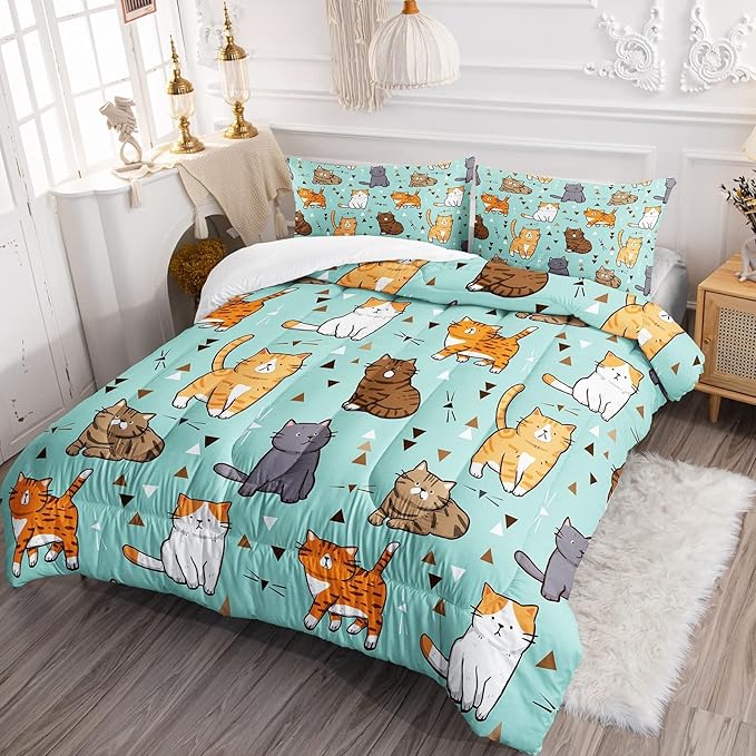 BSNTHO Cat Comforter Set for Girls Boys Cat Lover Gifts Bedding for Kids Cute Kitten Pattern Bedding Set Full Size Bedroom Decor (1 Comforter + 2 Pillowcases) Soft Lightweight