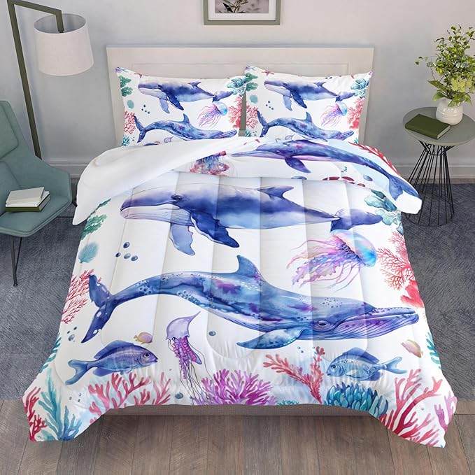 Whale Jellyfish Shark Bedding Dolphin Coral Comforter 3Pcs Queen Underwater Fish Starfish Quilt Set for Kids Teens Girls Boys Clownfish Seaweed Bed Decor Set with 1 Comforter and 2 Pillowcases