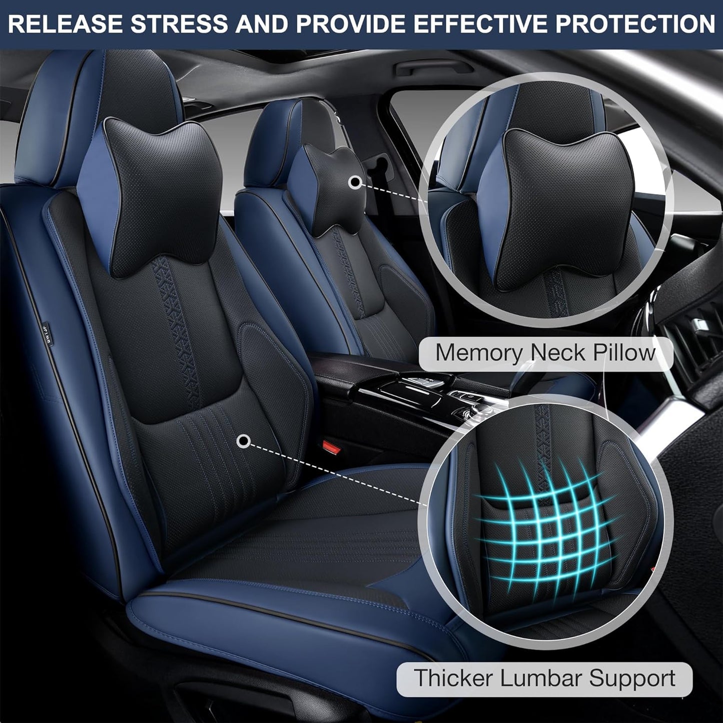 Front Seat Covers, 2 Pieces Universal Seat Covers for Cars, Waterproof Leather Auto Seat Protectors with Head Pillow, Car Seat Cushions Fit for Most Sedans SUV Pick-up Truck, Black&Navy