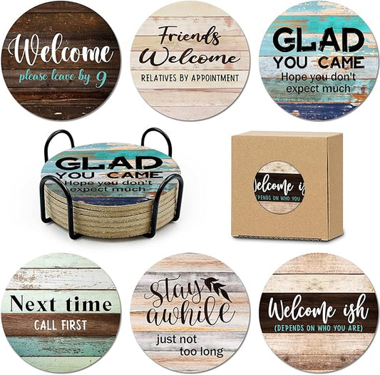 6 PCS Sarcastic Absorbent Cork Coasters for Drinks,Farmhouse Bar for Drinks with Holder,Funny Coasters to Protect Your Coffee Table,Gift for New Home Housewarming Bar Decor