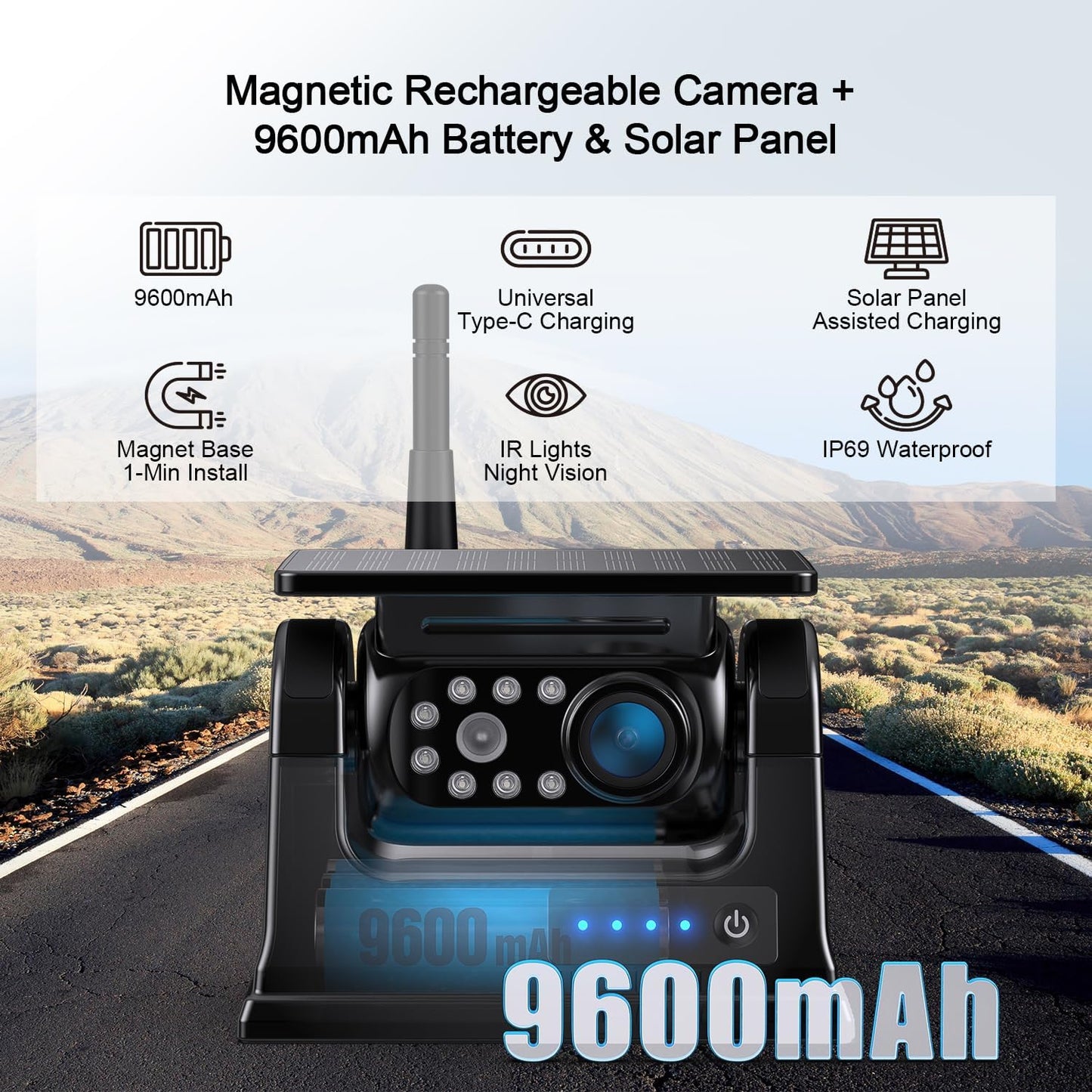 Fookoo 2 Magnetic Solar Wireless Backup Camera 10.1" IPS Touchscreen Monitor 1 Min DIY Install Portable Scratch-Proof No Drilling HD 1080P DVR Rechargeable Night Vision for RV Truck Camper - DCM102