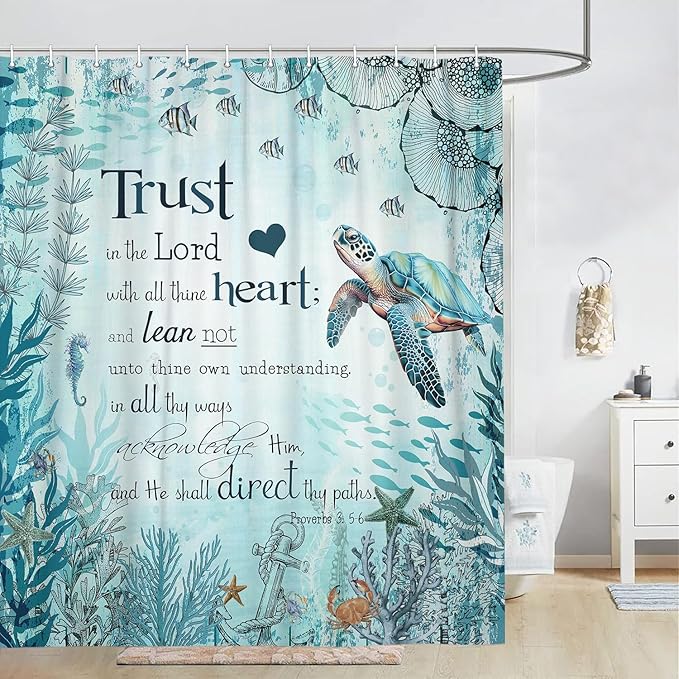 Beach Sea Turtle Bible Verse Shower Curtain, Cool Turtle on Blue Teal Coastal Nautical Theme for Bathroom, Underwater Animal Fish Seashell Jellyfish With Hooks, 60X70IN