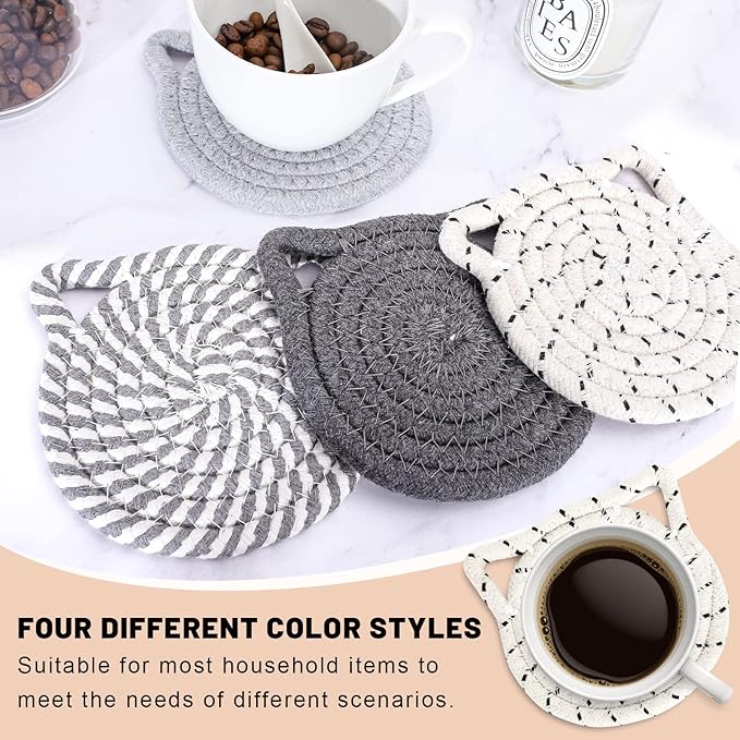 Whaline Cat Ears Coaster Set Cat Ear Shape Handmade Braided Cotton Coasters White Grey Non-Slip Absorbent Drink Coaster with Holder for Spring Mother's Day Birthday Housewarming Gifts Home Decor, 4Pcs