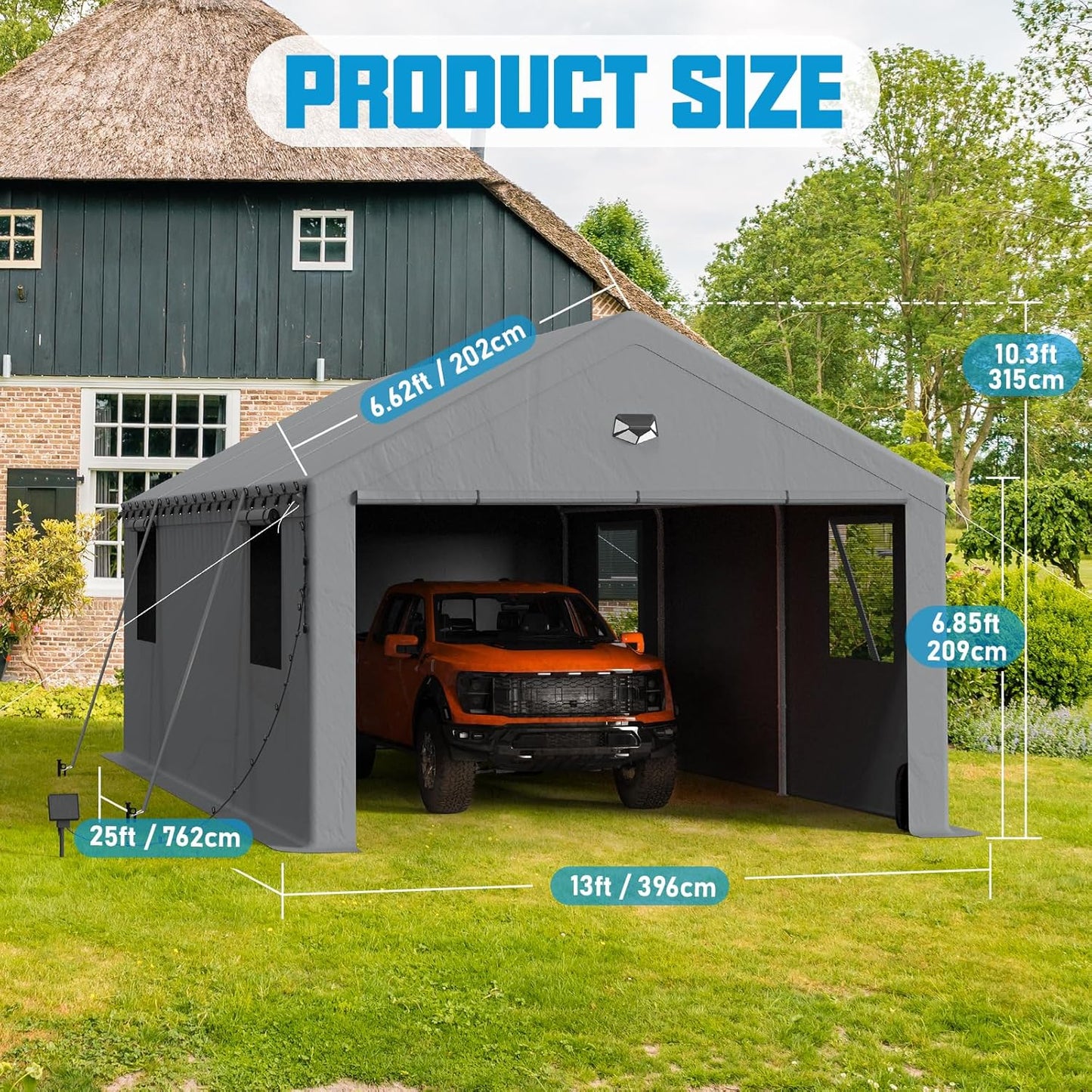 13x25 Carport Canopy, Heavy Duty Car Port, Portable Car Ports Garage with 2 Roll-Up Zipper Drive Through Doors, Grey