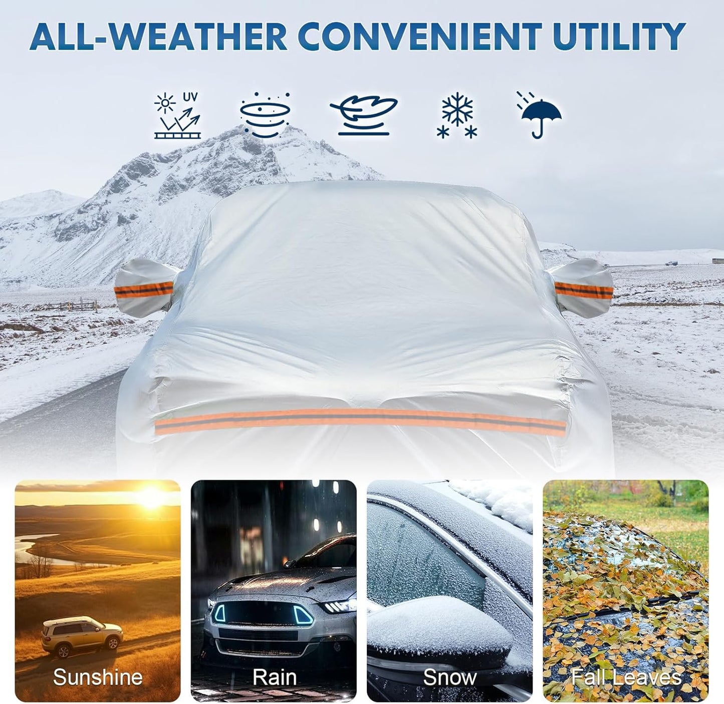 KEYOOG 6-Layer Full Car Cover is All-Weather Waterproof, Fit for 168"-182" Length Sedan, Universal in All Seasons, Snow Prevention, Rainproof, Acid Rainproof, Sunscreen, Orange Reflective Strip