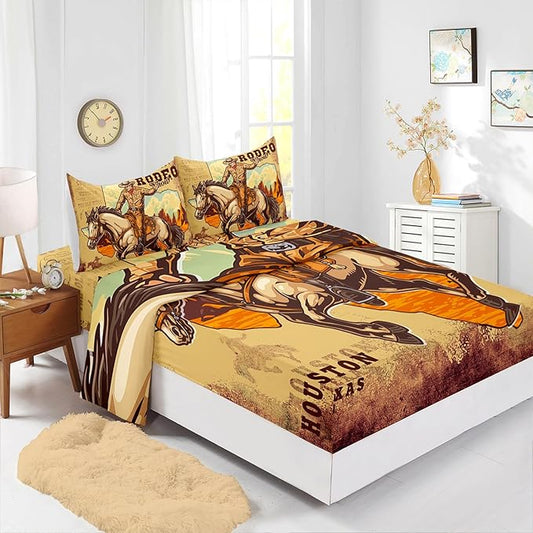 Western Cowboy Horse Pattern Bedding Twin Set - Show Bedspread with 1 Flat Sheet, 1 Fitted Sheet & 2 Pillowcases