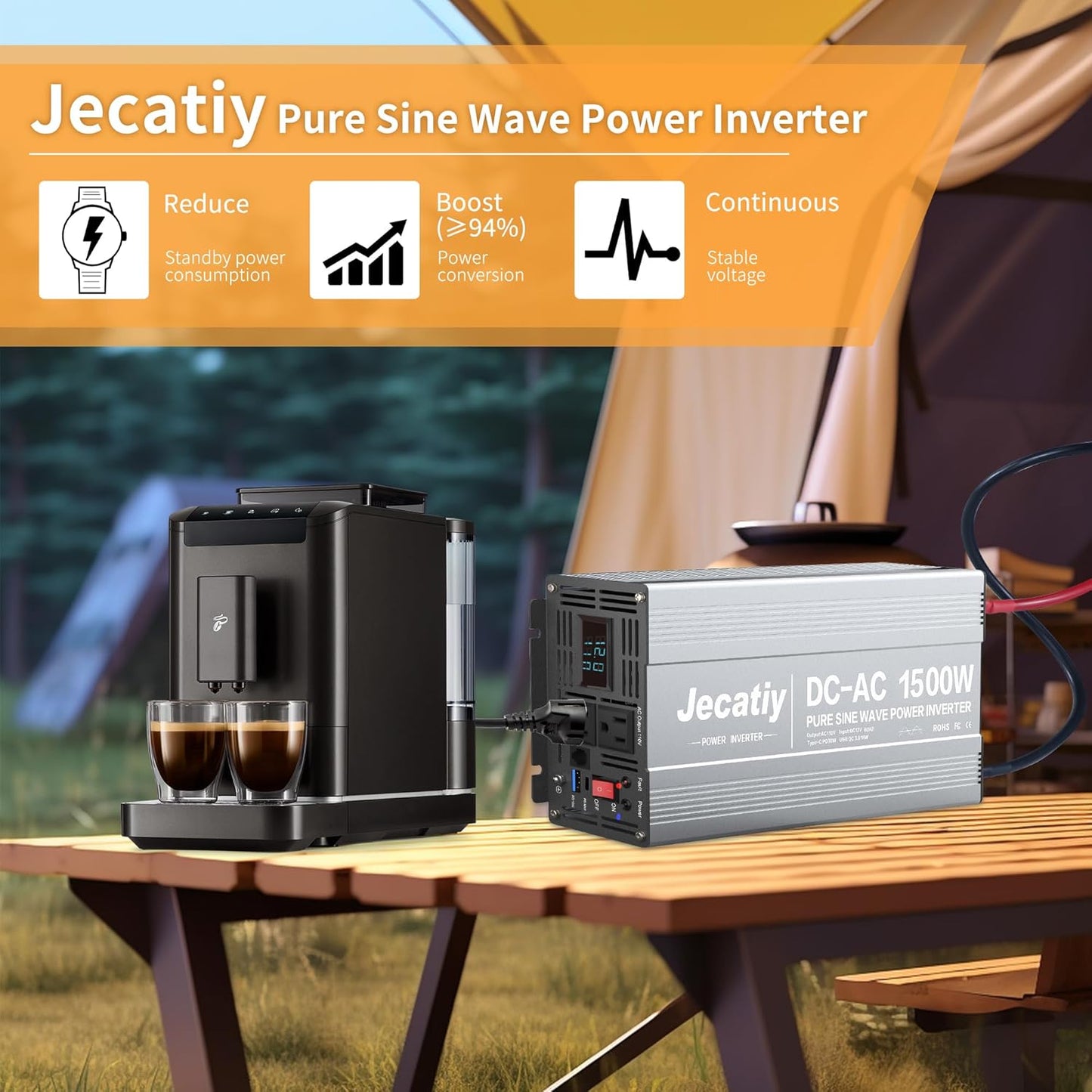 1500 Watt Pure Sine Wave Power Inverter DC 12V to 110V/120V AC Converter with 2 AC,18W USB, and 30W Type-C Charging Ports, Car Solar Power Inverters with LCD Display for Home RV Truck