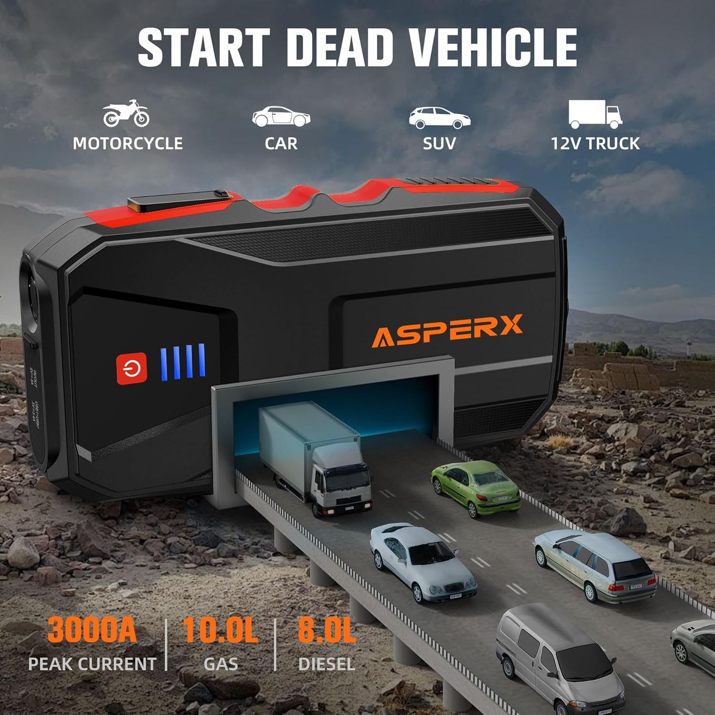 ASPERX 3000A Jump Starter for Car Battery, 12V Portable Jump Box with LED Light & Smart Jumper Cables, BMS for Up to 10.0L Gas or 8.0L Diesel Engines-Red