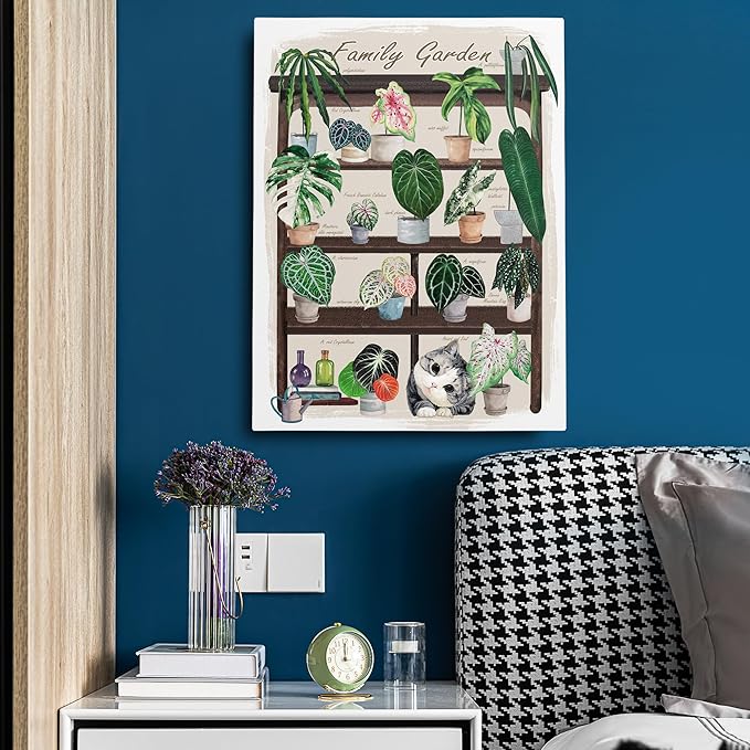 TimAsh Unframed Funny Cat Botanical Wall Art Family Garden Modern Green Plant Decor Tropical Boho Style Cute Kitten Canvas Prints for Bedroom Bathroom Living Room 16'' x 12''