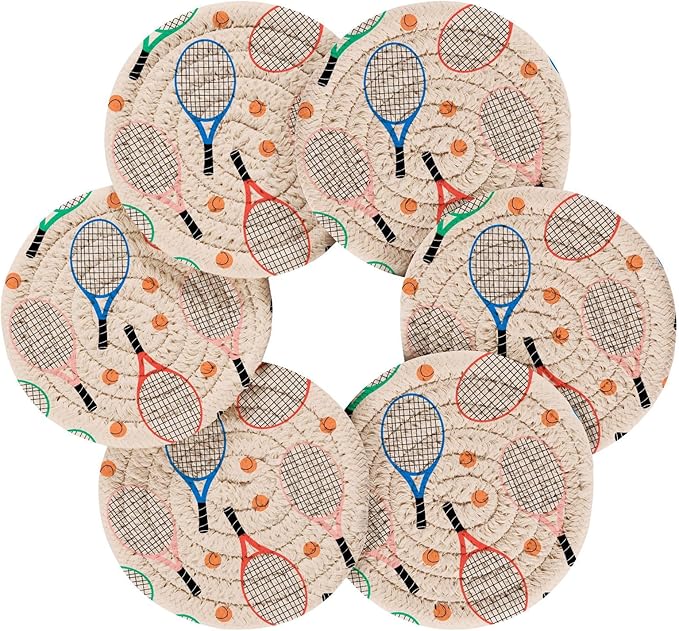 Tennis Rackets Balls Coasters for Drinks Set of 6 Woven Drink Coaster Set Absorbent for Housewarming Gift Coffee Table Home Decor
