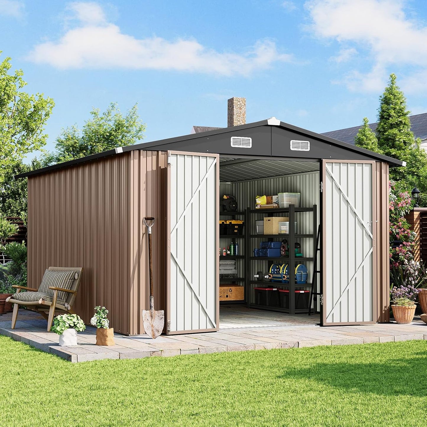 10x12 FT Outdoor Storage Shed Heavy-Duty Galvanized Steel Metal Garden Shed with Lockable Double Doors for Bike, Tool, Generator Storage in Backyard, Patio (10’x12’)