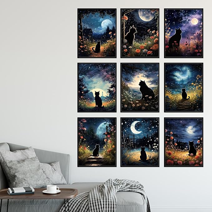 BigWig Prints Black Cat Wall Art - Starry Night Cat Posters, Space-Themed Artwork for Bedroom or Living Room, Cute Pet Pictures for Home Decor - Unframed Set of 9 (8x10)