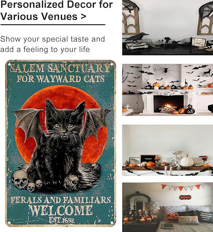 Vintage Black Cat Sign Salem Sanctuary For Wayward Cats Tin Sign for Home Bedroom Living Room Wall Art Decoration 8x12 inch (3034)