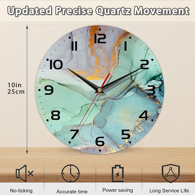 Watercolor Abstract Painting Marble Wall Clock Vintage Wooden Wall Clock Silent Non-Ticking Battery Operated Arabic Numerals Wall Clocks Decorative for Kitchen, Office, Classroom 10 Inch
