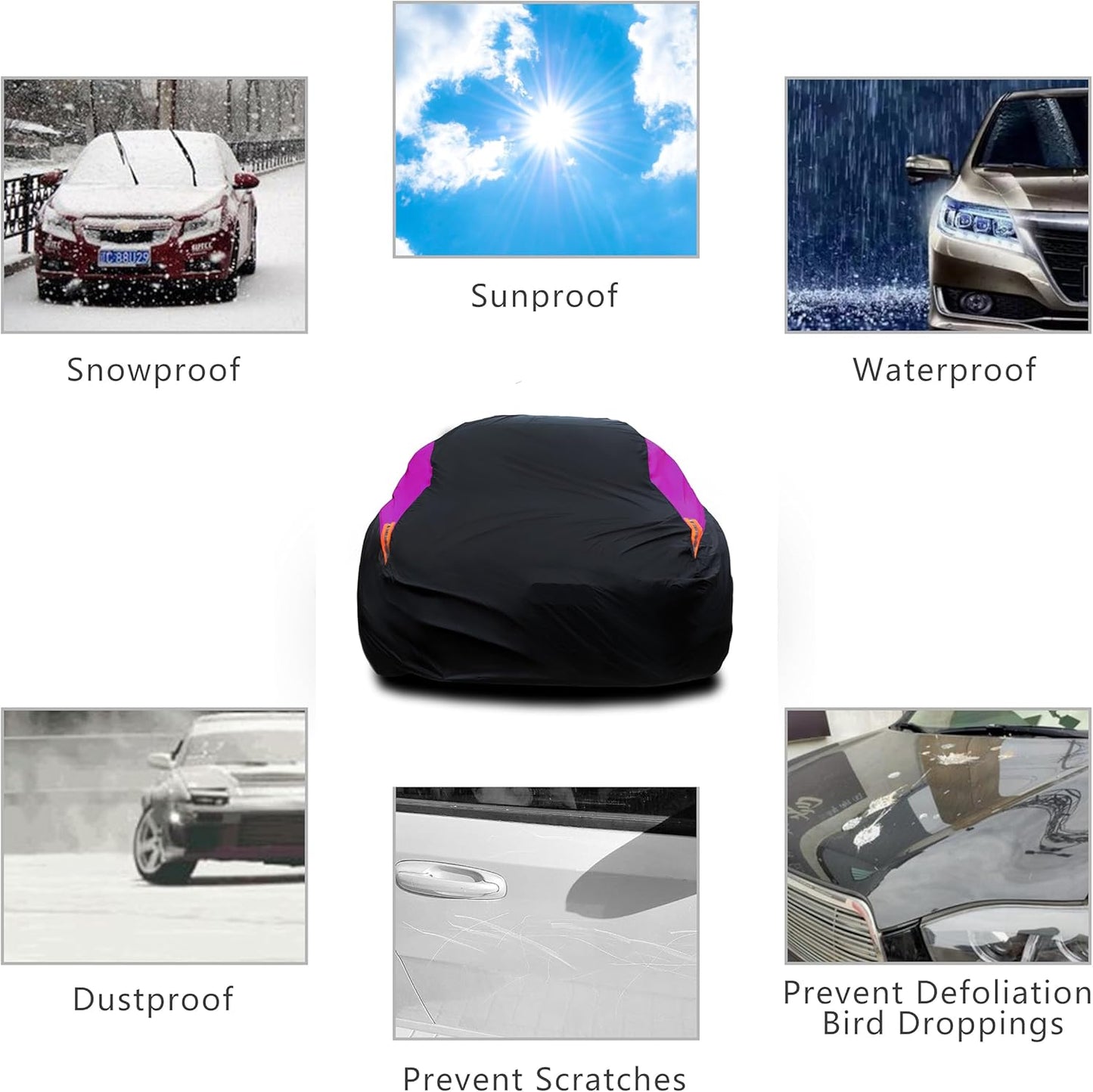 MORNYRAY Waterproof Car Cover All Weather Snowproof UV Protection Windproof Outdoor Full car Cover, Universal Fit for Sedan (Purple, A1-Fit Sedan Length(154-163 inch)