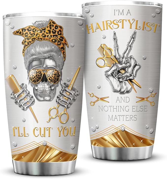 ZOXIX Hairstylist Tumbler Cup Jewelry Style Bandana Skull Leopard Print Cup Stainless Steel Tumblers With 20oz Hairdresser Gifts For Women Funny Travel Mug Hairdressing Gift