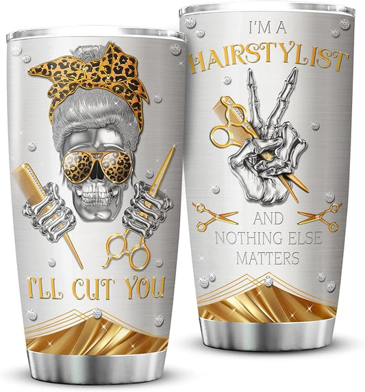 ZOXIX Hairstylist Tumbler Cup Jewelry Style Bandana Skull Leopard Print Cup Stainless Steel Tumblers With 20oz Hairdresser Gifts For Women Funny Travel Mug Hairdressing Gift