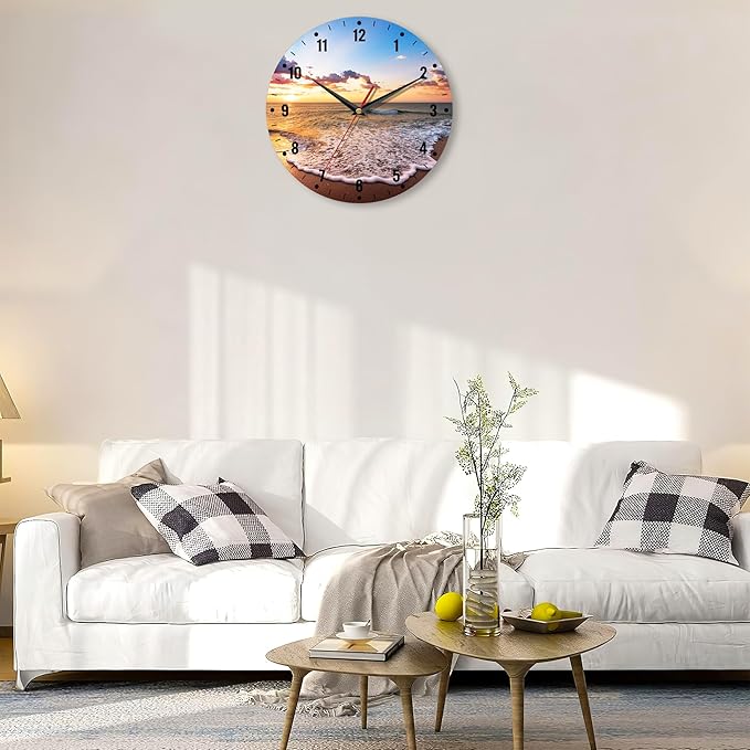 SPUNKER Clocks for Living Room,Ocean Beach Kitchen Wall Clock,Sea Sunrise Clocks 10 Inch Silent Non-Ticking Wall Battery Operated for Living Room Bedroom Bathroom Laundry Room Decor