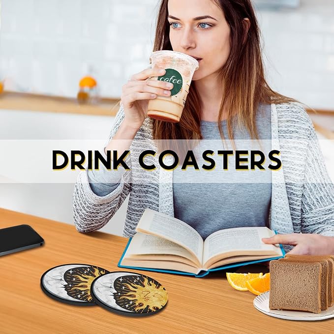 Swooflia Coasters for Drinks Coffee Table, Sun Moon Vintage Black Silicone Absorbent Cup Coaster Set Housewarming Kitchen Home Wooden Desk Office Bar Tabletop Decor 6 Pack