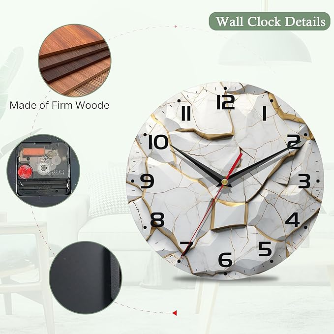White Wall Clock,Marble Wooden Wall Clocks Art Hanging Silent Non-Ticking Wall Clock Battery Operated Round Home Arabic Numeral Decorative Wall Clocks 10 Inch