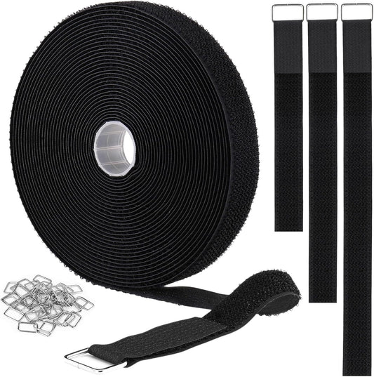 1"x64ft Hook and Loop Straps with 70 Metal Buckles, Adjustable Fastening Cable Straps, Cut-to-Length Cinch Strap, Reusable Nylon Securing Cord Ties for Organizer or Storage, 1 inch Wide, Black