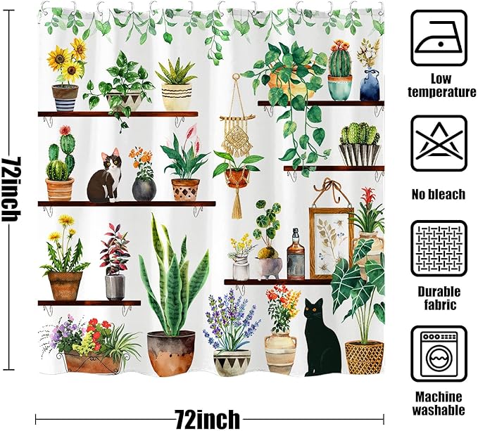Yeoiat Plants Cat Shower Curtain Cute Shower Curtain for Bathroom with 12 Hooks Polyester Fabric Waterproof Shower Curtains for Bathroom Decoration (White, 72"x72")