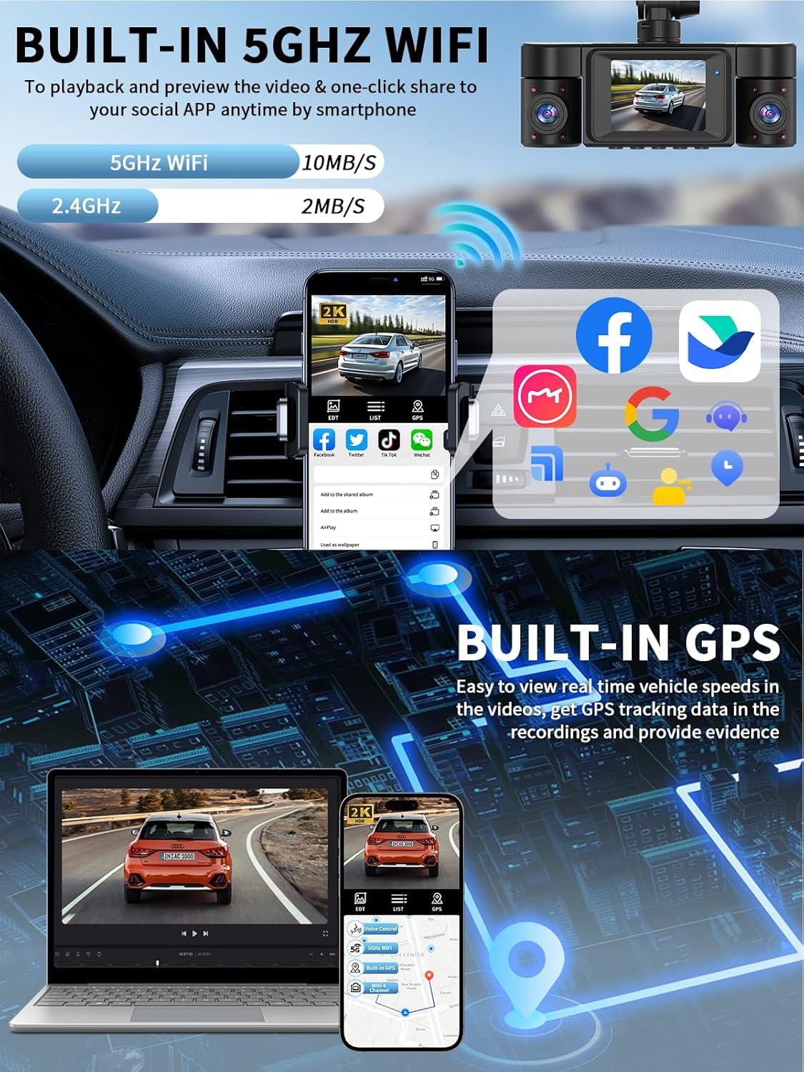 Dash Cam Front and Rear Inside, 360° Dash Camera for Cars 4 Channel 4K/2K FHD Mini Dashcam, Car Camera Built-in WiFi GPS, with 64GB Card, Voice Control, Night Vision WDR/HDR,24/7 Parking Mode V50-4CH